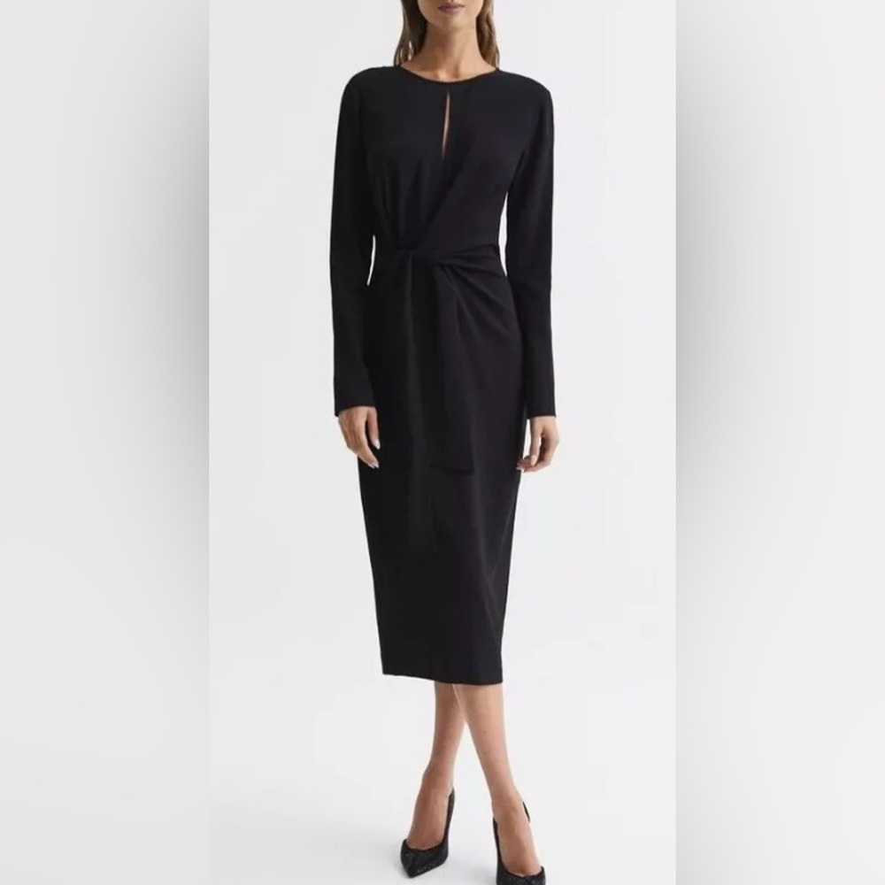 NWT Reiss Valentina Midi Tie Waist Black Long Sleeve Dress